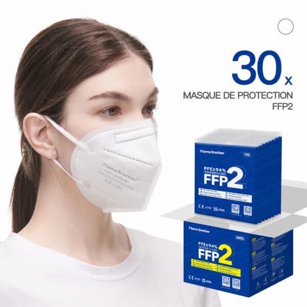 FlameBrother Masque de Protection FFP2 Blanc Certifié CE Masque FFP2 Adulte Couleur Blanc 30 Pièces