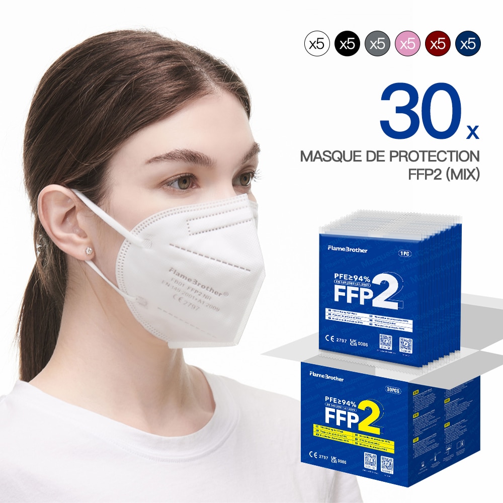 FlameBrother Masque de Protection FFP2 MIX Certifié CE FFP2 Masque FFP2  Adulte Couleur MIX 30 Pièces - FlameBrother (France)