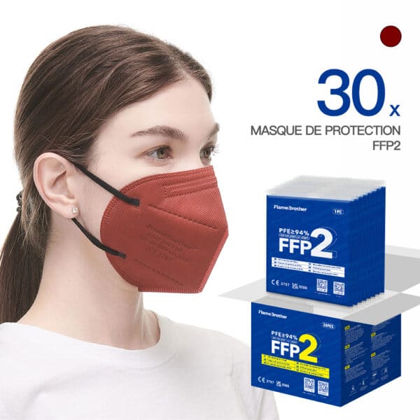 FlameBrother Masque de Protection FFP2 Rouge Certifié CE FFP2 Masque FFP2 Adulte Couleur Rouge 30 Pièces